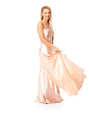 Image showing Beauty, fashion and elegant prom dress on young woman feeling happy, playful and beautiful in evening gown with copy space. Portrait of a laughing woman choosing the perfect prom or bridesmaid outfit