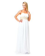 Image showing White dress on elegant, fashion and beauty woman ready for prom, wedding or formal event against a white studio isolated background. Bride or bridesmaid feeling confident in a luxury designer gown