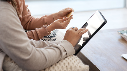 Image showing Hands, e commerce and women with tablet and credit card for online shopping at home, retail and internet banking. Sale, discount and fintech for female people with payment for purchase with bank app