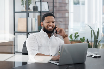 Image showing Laptop, phone call and email with a business man at his desk in the office for communication or planning. Computer, mobile and contact with a male employee working online for company negotiation