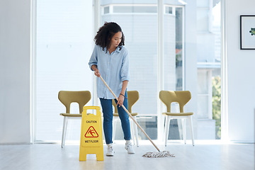 Image showing Cleaning, floor and woman mopping with caution in building of maintenance, hygiene and dirt. Mop, janitor service and cleaner with warning sign, notice and safety information on ground tiles at home