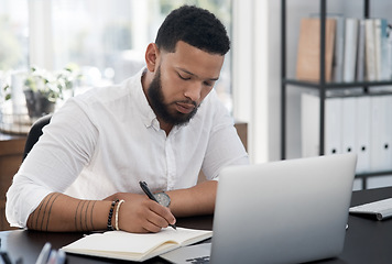 Image showing Focus, writing notes and black businessman on laptop working in modern office or male manager or expert and planning. Management, corporate and professional on pc at workplace for market research