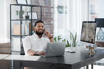 Image showing Laptop, phone call and contact with a business man at his desk in the office for communication or networking. Computer, mobile and planning with a male employee working online for company negotiation