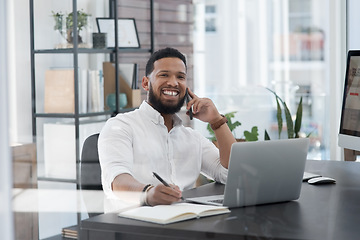 Image showing Laptop, phone call and writing with a business man at his desk in the office for communication or planning. Computer, mobile and networking with a male employee working online for company negotiation