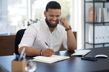 Image showing Business, writing and man with a smile, startup and planning for growth, project and feedback in a modern office. Male person, employee and entrepreneur with a notebook, ideas and career with success