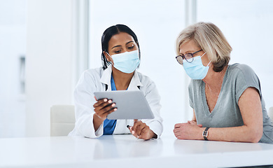 Image showing Doctor, woman and tablet for covid consultation in hospital, talk and advice for healthcare, wellness and support. Medic, patient and face mask for ppe with digital touchscreen, results and feedback