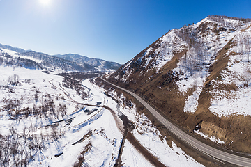 Image showing Aerial view of a winter road