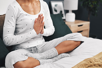 Image showing Woman hands, house and meditation exercise in home bedroom for peace, mental health and calm chakra. Female person praying or meditate for spiritual healing, zen and holistic yoga to relax on bed