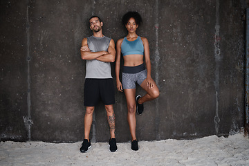 Image showing Exercise, serious and portrait of couple on wall background for workout, body builder training and fitness. Sports, space and man and woman sweat after running for endurance, wellness and health