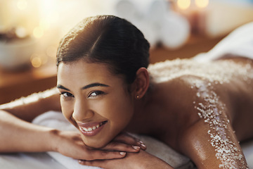 Image showing Happy woman, face and portrait at spa for back massage, skincare or beauty in body treatment. Calm female lying on bed in relax with smile for exfoliation, zen or physical therapy wellness at salon