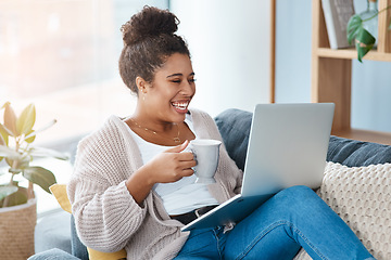 Image showing Happy woman, laptop and coffee while laughing on home sofa for meme or funny video. Real female person relax on a couch with tea cup, internet connection and tech for streaming online on website