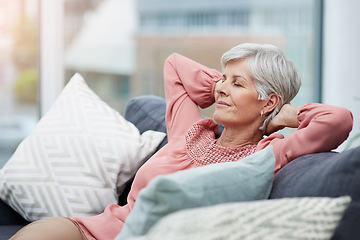 Image showing Senior woman, relief and relax on sofa in home living room with peace, silence and happiness with free time. Elderly lady, retirement and lounge couch with freedom, sleep and happy for lifestyle