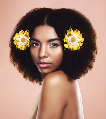 Image showing Face of serious woman, flowers and hair in studio background for beauty, eco friendly aesthetic and glow. Portrait of african model, natural skincare and floral plants in afro for sustainable makeup