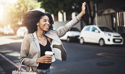 Image showing Business woman, travel and hands for taxi, lift or street transportation in the city outdoors. Happy female waving hand and waiting for transport, ride or pickup on road sidewalk in an urban town