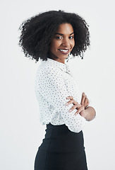 Image showing Business, happy and portrait of black woman with arms crossed in studio isolated on a white background. Confidence, face and African female professional, entrepreneur or person from South Africa.