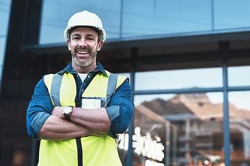 Image showing Engineering, building and arms crossed with portrait of man in city for planning, designer or industry. Architecture, project management or infrastructure with male contractor on construction site