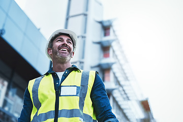 Image showing Engineering, building and happy with man in city for planning, designer or industry. Architecture, project management or infrastructure with male contractor on construction site for inspection