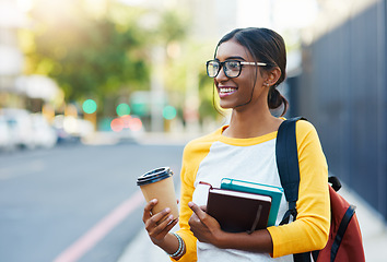 Image showing City walk, books and happy woman, student or person on commute journey to university, college or high school. Sidewalk, education study and Indian girl smile for learning, studying or scholarship