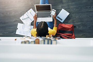 Image showing Student laptop, phone screen and top view woman typing research project, university paper or study for college exam. School library, floor and e learning person search online for education info