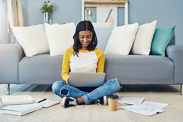 Image showing Student laptop, floor and happy woman typing research project, university school paper or study for college test. Happiness, home lounge or learning person search online web for education information