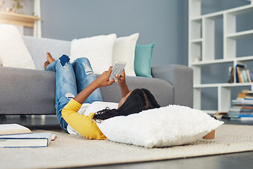 Image showing Home communication, smartphone and woman typing, texting and search online, internet or app website. Living room floor, relax and person on cellphone, mobile application and message social media user