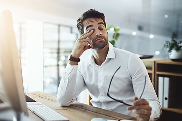 Image showing Stress, tired and a man at work with burnout, email problem or anxiety from a deadline. Corporate, working and a businessman with fatigue, mental health issue and mistake in professional job