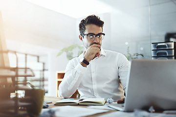 Image showing Laptop, thinking and business man in office, working on project or email. Computer, professional and male person problem solving, looking for solution or planning, reading or focus on decision making