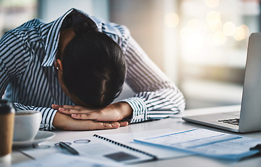 Image showing Sleeping, stress and business woman in office for headache, overworked and tired. Exhausted, burnout and mental health with female employee resting at desk for fatigue, dreaming and frustrated