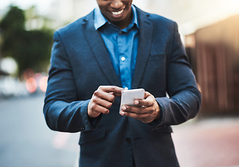 Image showing Business, smartphone and hands of man in city for networking, online website and social media contact. Communication, mobile app and male person on phone for email, research and travel gps in street