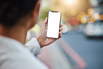 Image showing Mockup, phone screen and hands of person in city for networking, online gps and social media ui. Communication, travel mobile app and man on smartphone for promotion, copy space and branding in road