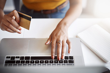 Image showing Hands, laptop and top view of woman with credit card for ecommerce, deal or discount in home office. Online shopping, payment and female person with debit, banking or budget planning from above