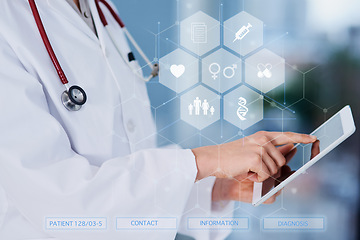 Image showing Doctor, hands and tablet with icons hologram, technology abstract and overlay with healthcare UI and digital transformation. Tech innovation in medicine, medical professional person and digital app