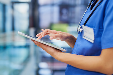 Image showing Nurse, hands and tablet, woman scroll through digital healthcare information and technology. Female person in medicine, review health chart for diagnosis or schedule with medical staff in hospital