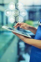 Image showing Nurse, hands and tablet with icons hologram, technology abstract and overlay with healthcare UI and digital transformation. Tech innovation in medicine, medical professional person and digital app