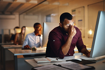 Image showing Business, night and man with stress, headache and burnout with new project, deadline and tired. Male person, employee and consultant with a migraine, pain and overworked and professional working late