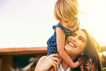 Image showing Happy mother, piggyback or kid playing on mockup for fun bonding in summer outside house in nature. Mom carrying on shoulder a playful girl child playground outdoors with happiness of family together