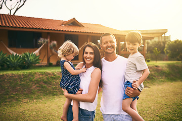 Image showing Family, portrait and new home with father, mother and kids with happiness and love. Outdoor, happy and lens flare of a mom, dad and children together in a garden and backyard with a smile and care