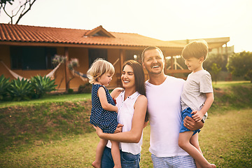 Image showing Family, laugh and new home with father, mother and kids with happiness and love. Outdoor, bonding and lens flare of a mom, dad and children together in a garden and backyard with a smile and care