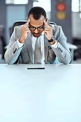 Image showing Business man, headache and stress with burnout, mental health problem and crisis with corporate fatigue. Male professional with migraine, pain and tired, depression and anxiety with mockup space