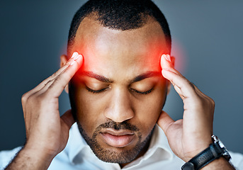 Image showing Business man, headache and stress with red overlay, mental health problem and crisis with corporate burnout. Male professional face with pain, migraine and hands massage temple on studio background