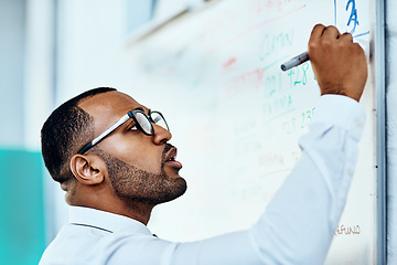 Image showing Writing, whiteboard and business man planning, brainstorming and job management or project schedule. Planner, solution and problem solving of focus african person on board reminder, date and numbers