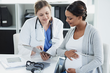 Image showing Talking, results and a doctor with a pregnant woman during a consultation for progress on a baby. Communication, smile and a hospital worker speaking to a patient about healthcare during a pregnancy