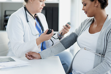 Image showing Blood pressure, gynecology and doctor with a pregnant woman for a consultation of health. Hospital, wellness check and a medical worker with a patient consulting about hypertension during pregnancy