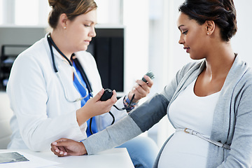 Image showing Blood pressure, healthcare and doctor with a pregnant woman for a consultation of health. Hospital, wellness check and a medical worker with a patient consulting about hypertension during pregnancy