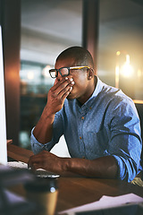 Image showing African business man, tired and fatigue in night, office and headache by computer for project deadline. Black businessman, burnout or stress in workplace by pc, web design startup and mental health