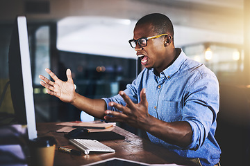 Image showing African man in business, night and angry with computer glitch, stress with software problem and mistake. Male developer with anger, connection issue and working late, frustrated with 404 and crisis