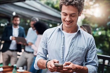 Image showing Smile, phone and business man on social media, texting or web scrolling outdoor. Cellphone, happiness and male professional networking, online browsing and internet messaging while typing on mobile.