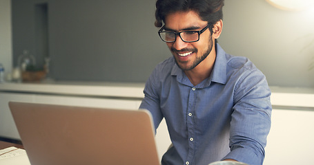 Image showing Happy man, teacher and laptop in classroom for education, elearning and planning teaching of lecture, tutor and school knowledge. Educator working on computer in research, online course and academic