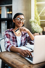 Image showing Happy woman, laptop and portrait of student with credit card for ecommerce, payment or campus loan. Female person or university learner smiling with computer and debit for online shopping or banking