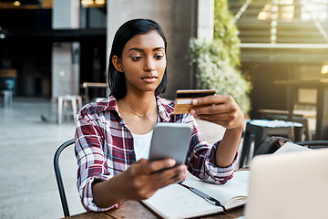 Image showing Woman, student and phone with credit card for ecommerce, wireless payment or campus loan. Female person or university learner on mobile smartphone app for online shopping, debit or banking at college